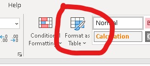 Format as Table menu button.