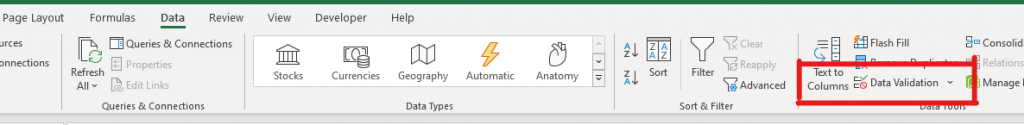 The location of data validation on the Data menu