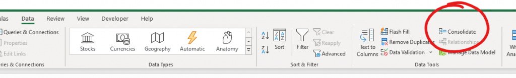 Showing where the Consolidate option is on the Data Menu of Excel.