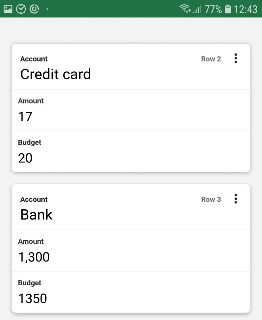 What card view looks like on the Excel app. 