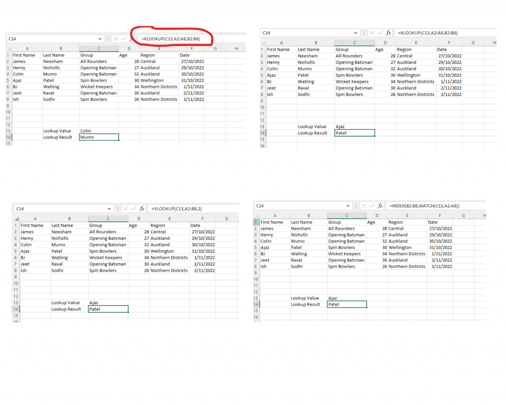 Example of lookups in Excel. XLOOKUP, VLOOKUP, and INDEX MATCH. The formula is showing and the results.